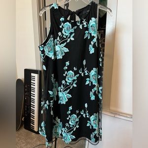 Black Dress with Embroidered Blue Flowers